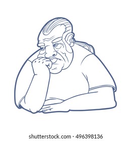 Bad-looking sad long-haired man contour contour vector illustration