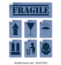 Badly glued stickers, transportation symbols set in blue tones, isolated and grouped objects against white background