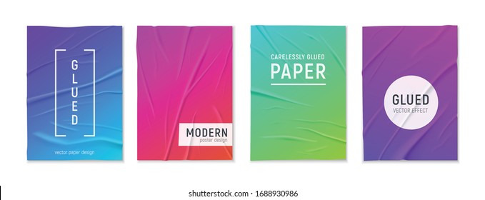 Badly glued wrinkled crumpled 4 bright colorful paper sheets textured posters set white background realistic vector illustration 