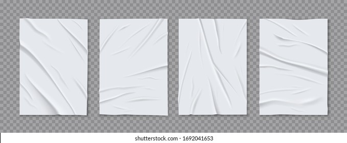 Badly glued wrinkled crumpled 4 white foil paper sheets posters set gray transparent background realistic vector illustration 