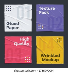 Badly Glued Wrinkled Crumpled 4 Colorful Square Paper Sheets Texture Banners Set Black Background Realistic Vector Illustration  