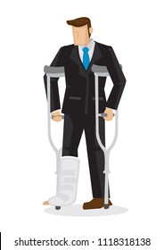 Badly injured cartoon business character in suit with a broken leg walking on crutches. Isolated vector illustration.
