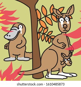 A Badly Wounded, Crying Platipus And Kangaroo From A Bushfire Concept Card Character illustration