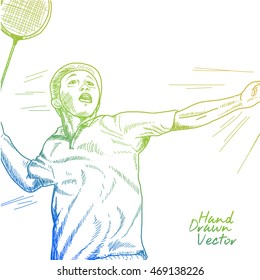 Badminto Player in Jumping Smash Sketch. Vector Eps.10