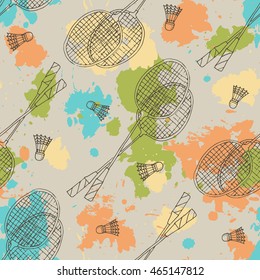 Badminton accessories: racket and shuttlecock, hand drawn linen illustration, vector seamless pattern.