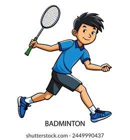 Badminton athlete isolated on white background in cartoon style. Summer Games 2024. Vector illustration. 