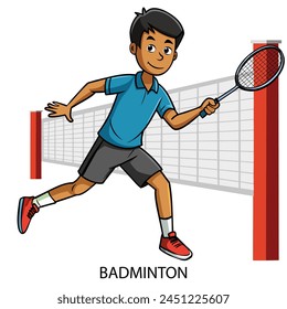 Badminton-Athlet isoliert auf weißem Hintergrund im Cartoon-Stil. Spielemusiken 2024. Vektorillustration.