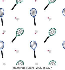 Badminton background repeating pattern with racket and shuttlecock hand drawn flat vector illustration for textile print paper card wrapping banner Game with rackets badminton player sports equipment