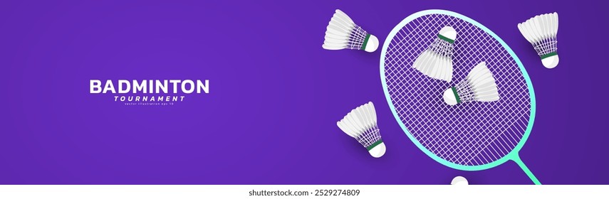 Fundo de banner de badminton com raquete e pau de badminton branco em fundo roxo, cartaz de ilustração de esportes vetoriais ou estilo de banner, ilustração Vetor EPS 10