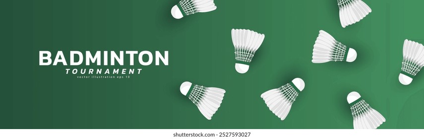 Fundo de banner de badminton com galinhola de badminton branco no fundo verde, cartaz de ilustração de esportes vetores ou estilo de banner, ilustração Vetor EPS 10