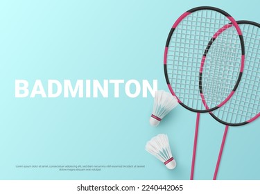 Badminton banner racket shuttlecock sport competition tournament realistic vector illustration. Dynamic championship winner match player game event advertising promo poster design template