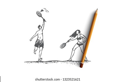 Badminton, beach, girl, summer, sport concept. Hand drawn man and woman play in badminton on beach concept sketch. Isolated vector illustration.
