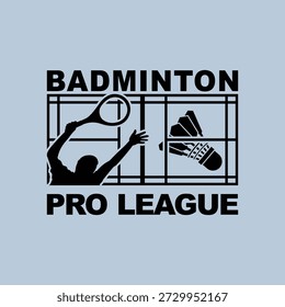 Vector de emblema de logotipo estilizado negro de bádminton con jugador, campo de juego y equipo