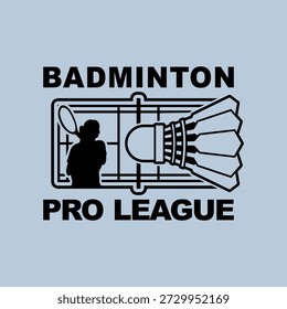 Badminton Black Stylized Logotype Emblem Vektor mit Spieler, Spielfeld und Ausrüstung