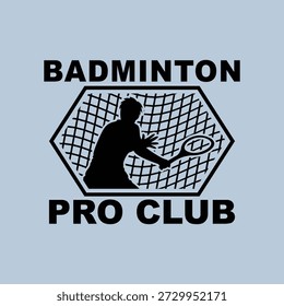 Vector de emblema de logotipo estilizado negro de bádminton con jugador, campo de juego y equipo