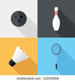 Badminton and bowling icons. Flat design style modern vector illustration. Isolated on stylish color background. Flat long shadow icon. Elements in flat design.