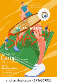 Badminton camp promotion poster, male character doing drop shot decorated with badminton court on abstract background