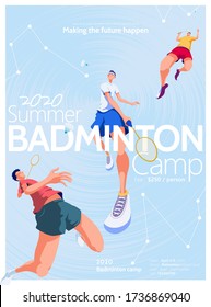 Plakat zur Förderung des Badminton Camps, bei dem drei Spieler unterschiedliche Streiks auf abstraktem Sternenhintergrund durchführen