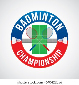 Badminton championship badge design with racket shuttlecocks and court.