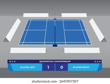 Badminton Championship Court with ad sponsor spaces and Scoreboard