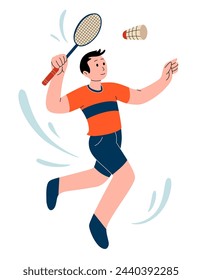 Badminton championship illustration. One Badminton player jumping smash shot. Character for sports standings web, postcard, mascot, sport school. Healthy lifestyle background. Vector flat illustration