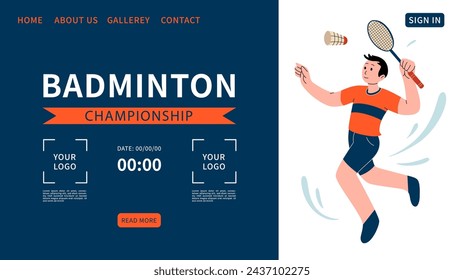 Badminton championship web banner. one Badminton player player jumping smash shot. Background for sports standings. Website for sports competitions. Text templates. Vector flat illustration.