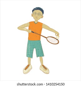 Badminton child hand drawn vector illustration. Kid in sport clothing cartoon character. Racquet sport boy striking shuttlecock. 
