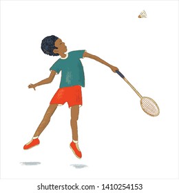 Badminton child hand drawn vector illustration. Kid in sport clothing cartoon character. Racquet sport boy striking shuttlecock. 
