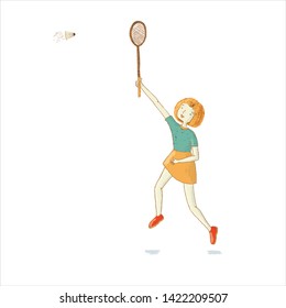 Badminton child hand drawn vector illustration. Kid in sport clothing cartoon character. Racquet sport girl striking shuttlecock. 
