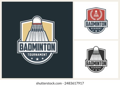 Plantilla de la insignia del logotipo del club de bádminton, concepto del logotipo de los torneos de bádminton. Ilustración vectorial de diseño de símbolos deportivos de bádminton