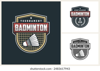 Plantilla de la insignia del logotipo del club de bádminton, concepto del logotipo de los torneos de bádminton. Ilustración vectorial de diseño de símbolos deportivos de bádminton