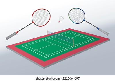 Badminton Court, Rackets and Shuttlecock, vector illustration