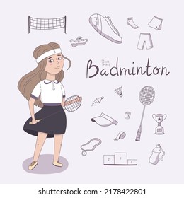 Badminton. Cute sports. Vector alphabet set of sport equipment with a character and line icons. 