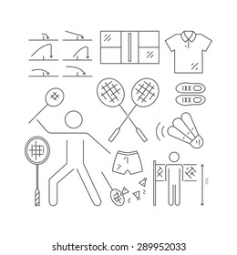 Badminton element collection made in modern line style, including shuttlecock, racket, silhouette of a man serving. Thin line sports or game concept for web and mobile design. 