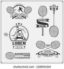 Badminton emblems, symbols, labels, design elements and silhouette of player. Black and white.
