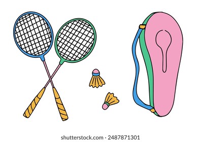 Equipo de bádminton. Juego de bádminton dibujado a mano con raquetas y lanzacohetes. Ilustración vectorial colorida. 