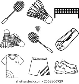 Badminton equipment icon set vector illustration. Racket, shuttlecock, net, bag, jersey, short pants, shoes. 