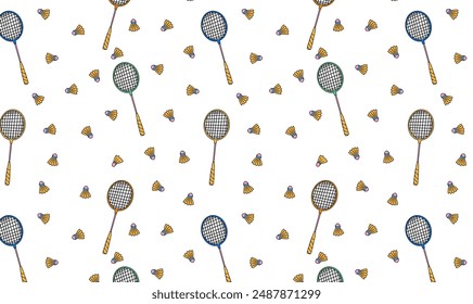 Badminton equipment pattern. Hand drawn badminton wallpaper with rackets and shuttlecocks. Colourful vector illustration.