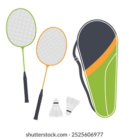 Conjunto de ilustração de vetor de equipamento de Badminton. Raquete de badminton, peteca e saco de transporte, isolado no fundo branco. 