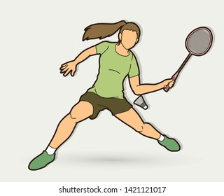 Badminton female player action with racket and shuttlecock cartoon graphic vector.