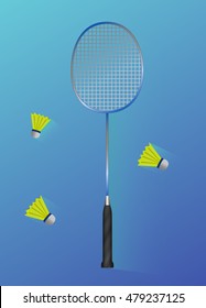 Badminton flat modern icon of badminton racket and shuttlecock on the blue background - indoor hall