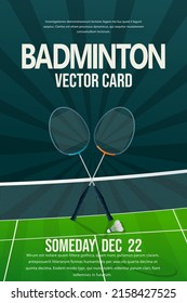 Badminton flyer, poster design, sports invitation vector editable template. Racquets and shuttlecock over the net cord and a green pitch field