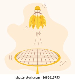 Badminton game concept with lines motion. Throw shuttlecock with racket. Sports games, leisure, fitness. Vector illustration
