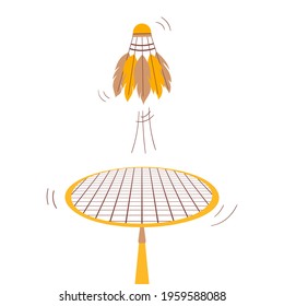 Badminton game concept with lines motion. Throw shuttlecock with racket. Sports games, leisure, fitness. Vector illustration
