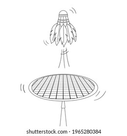 Badminton game concept with lines motion. Outline throw shuttlecock with racket. Coloring page. Sports games, leisure, fitness. Vector illustration