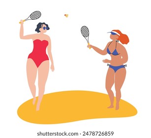 ilustración del juego de bádminton, dos mujeres en trajes de baño jugando bádminton en la playa. Ilustración vectorial plana aislada para vacaciones, deporte, poster de descanso, Anuncio, flyer, invitación, diseños de campeonato 