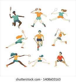 Badminton hand drawn vector illustration pack. People in sport clothing cartoon characters. Racquet sport men and women striking shuttlecock