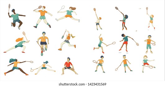 Badminton hand drawn vector illustration pack. People in sport clothing cartoon characters (adults and kids). Racquet sport men, women, boys and girls striking shuttlecock. 
