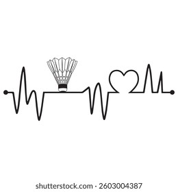 Badminton with heart line pulse T-shirt Design Vector, Racket shuttlecock illustration, racket indoor sport design Sublimation, Badminton Heartbeat Shuttlecock Racket
