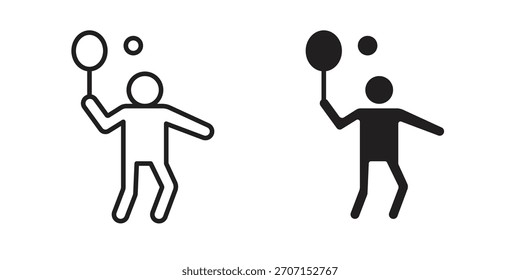 Icono de bádminton en un diseño de Vector de trazo negro y versión sólida plana sobre fondo blanco